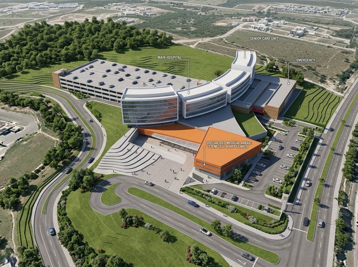Aerial render of a Constructora Legare medical complex in Antioquia